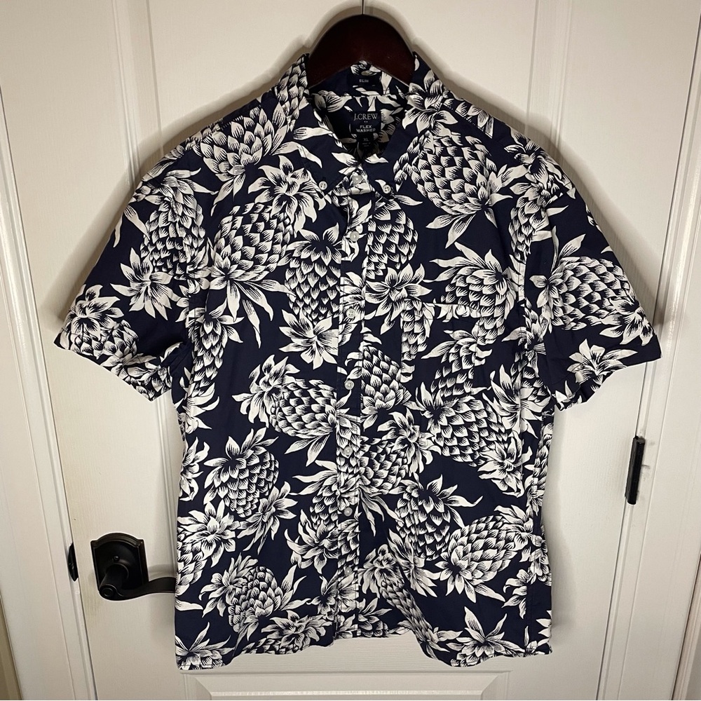 J. Crew Navy and White Tropicsl Men's Shirt